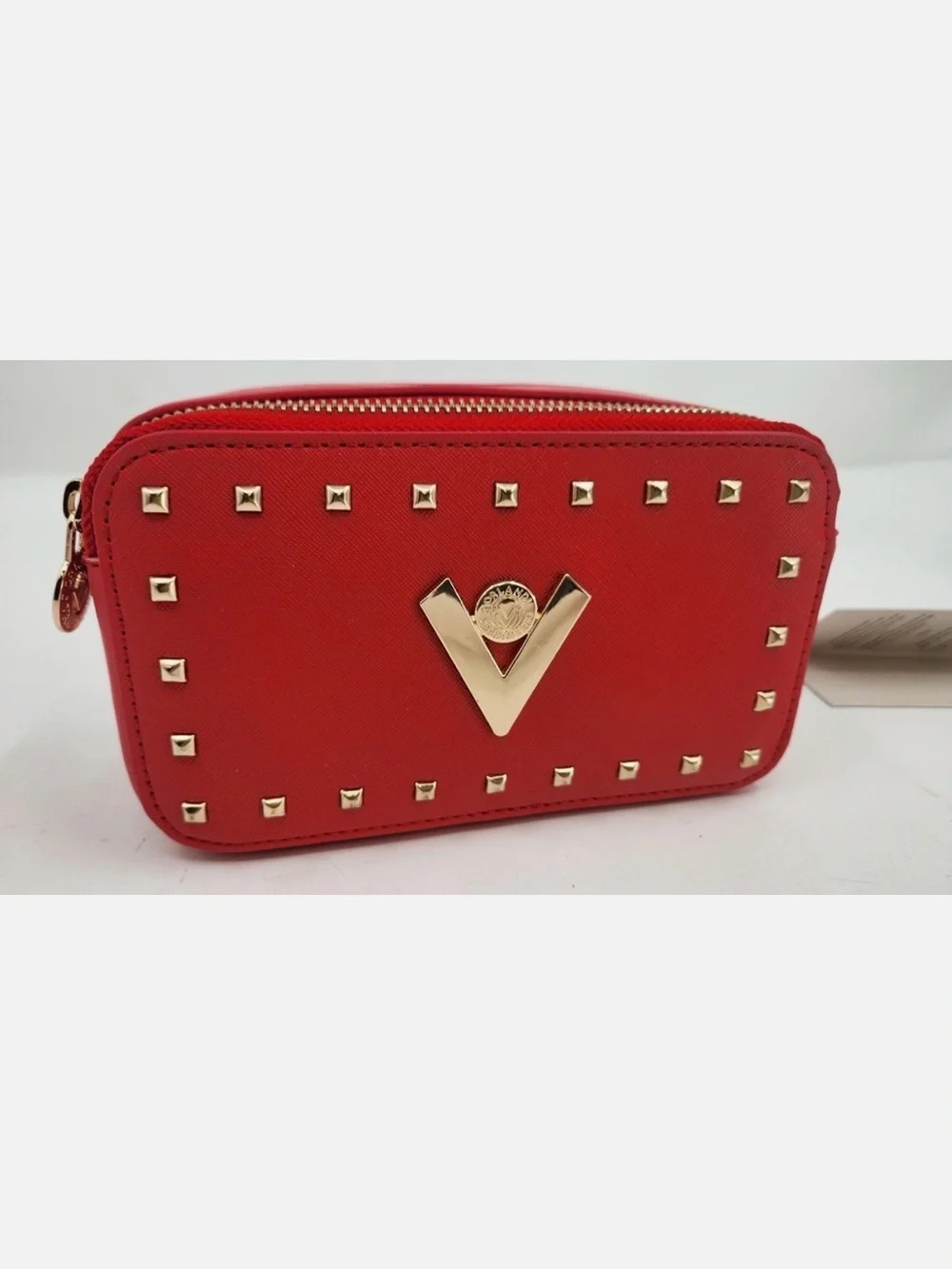 NEW Valentino Orlandi Red Studded Pouch Bag- Gold Zippers Italy Designer